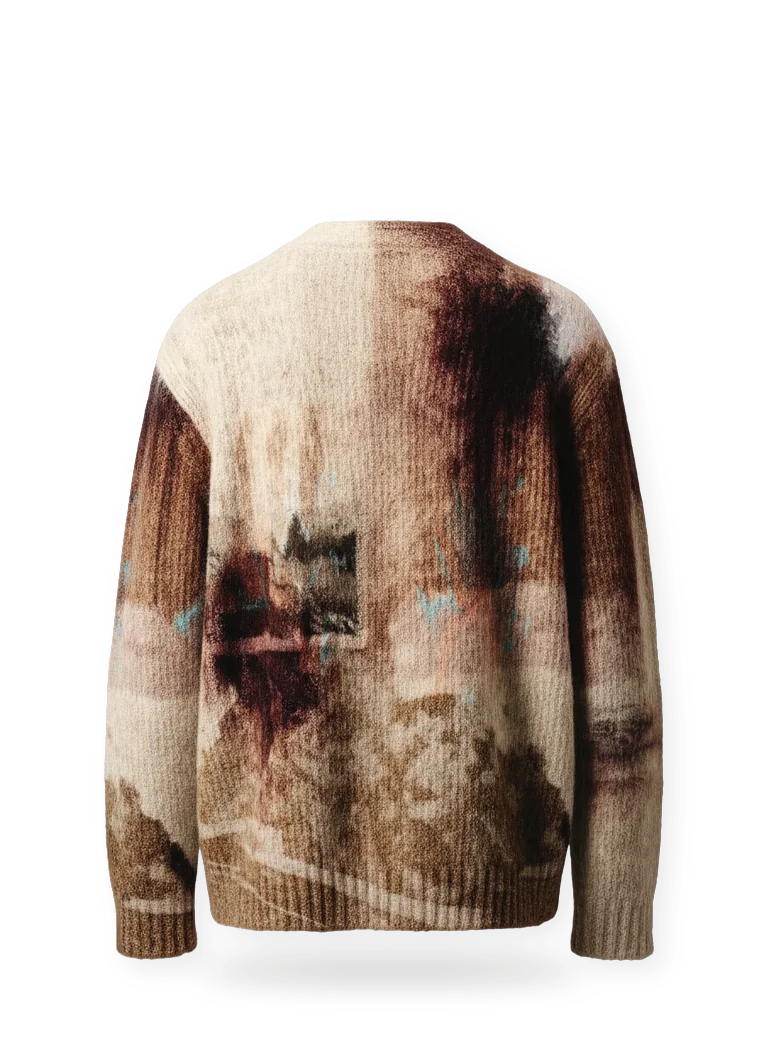 BLOODSTAINS AND ASH, back: the stained cardigan from behind.