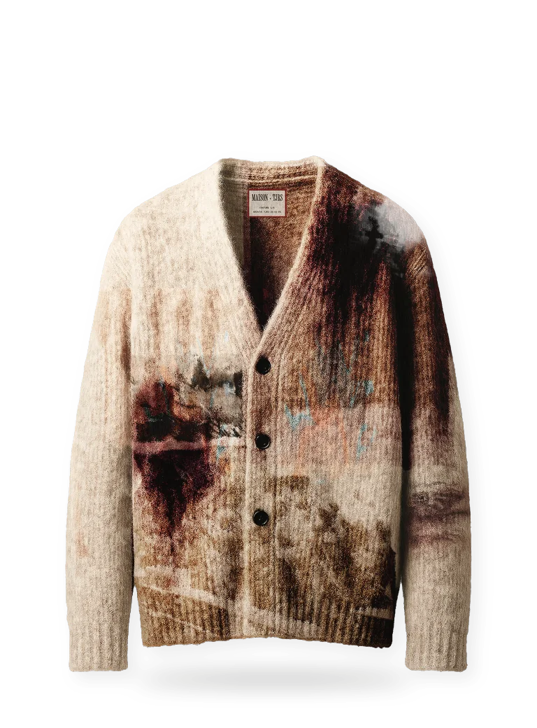 BLOODSTAINS AND ASH, front: a layered cardigan carrying stains and ash-like residue.