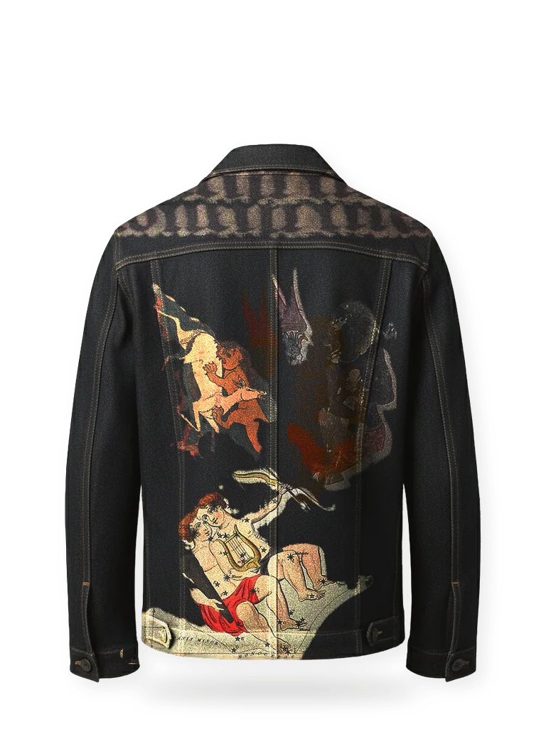 CONTROL, POSSESSION, back: the denim jacket with a faded yoke and printed back panel.