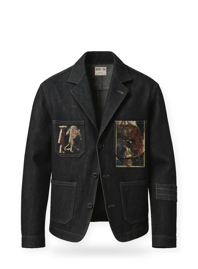 CONTROL, POSSESSION, front: a dark selvedge denim jacket with printed patch pockets.