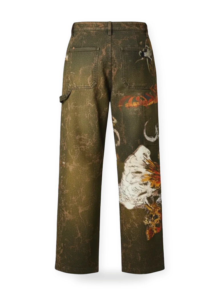 DARGER, back: the panelled trousers, printed down one leg.