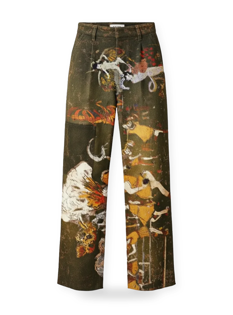 DARGER, front: panelled trousers printed with imagery after Henry Darger.