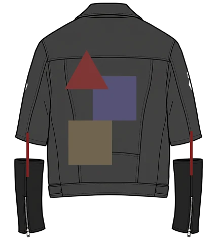Couture dieline: the leather jacket from the back, with painted colour blocks, wire lines on the sleeves and separated zip cuffs.