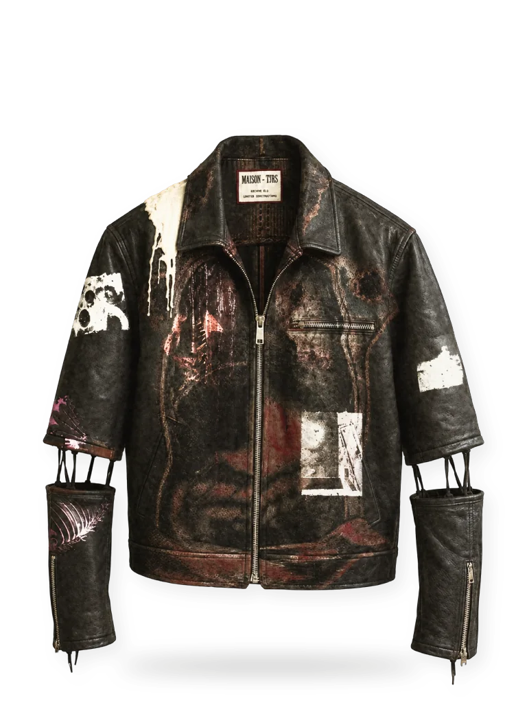 WOUND, front: a treated leather jacket with wire holding the separated sleeves.